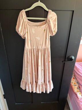 Kyte BABY Light Pink Puff-Sleeve Ruffle-Hem Dress with Rabbit Print